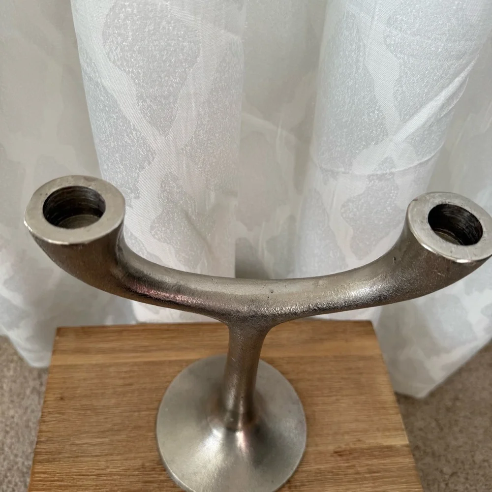 Crate & Barrel Double Taper Silver Metal Candle Holder
